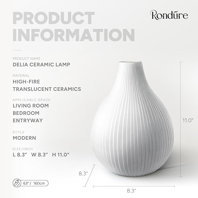 RONDURE 11.0" Modern Ceramic Table Lamp, Fully Dimmable Modern Bedside Lamps for Bedroom, Living Room and Nightstand, White Translucent Ceramic Shade, Warm Ambient Lighting, Corded, Bulb Included