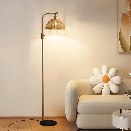 Boho Floor Lamp for Living Room: Rattan Floor Lamp for Bedroom - Gold Standing Lamp with Dimmable Tall Lamp,No Bulb
