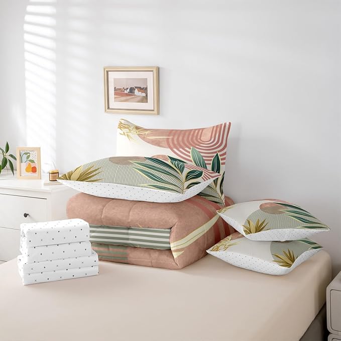 Erosebridal 7 Pcs Mid Century Boho Comforter Set Full Abstract Retro Minimalist Bedding Sets for Women,Modern Bohemian Aesthetic Bed in a Bag Simple Quilt with Flat Fitted Sheet,Pink Green