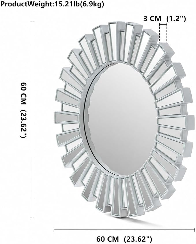 SHYFOY 23.6" Silver Sunburst Wall Mirror, Large Round Beveled Decorative Wall Mirror, Modern Art Deco Accent Mirror for Living Room, Bedroom, Entryway