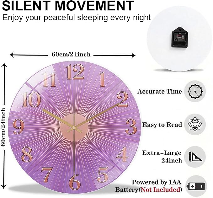 24 Inch Purple Sunburst Glass Wall Clock Silent Art Decor | Silent glossy clock with a purple sunburst and rose gold numbers, perfectly tracking time for your bedroom or living room