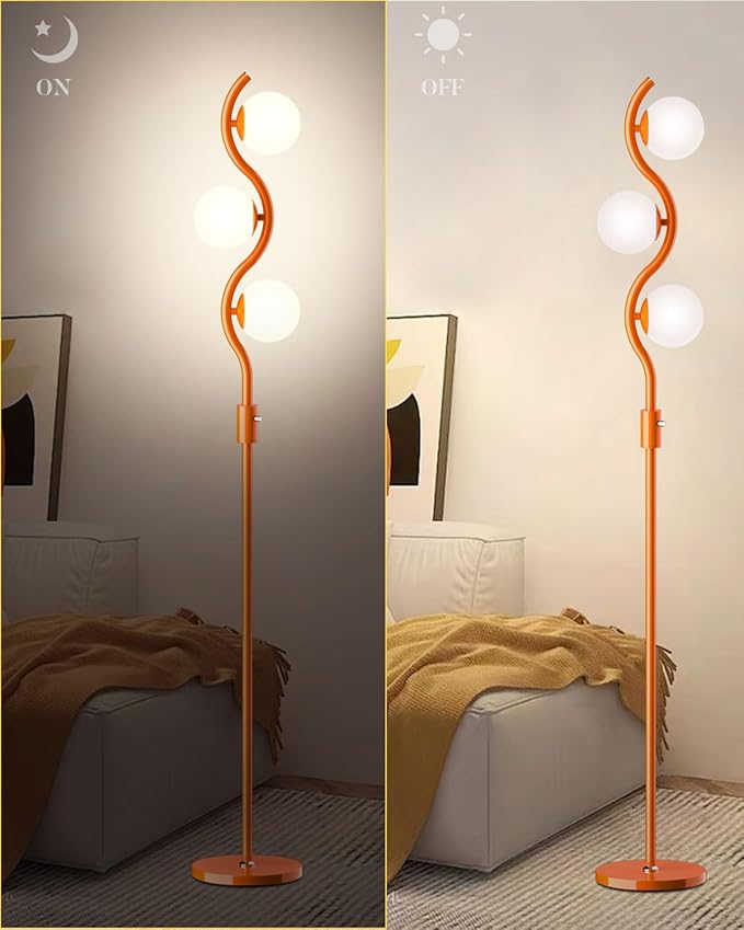 Lightdot 3-Globe Dimmable Floor Lamp Orange Mid Century Modern Standing Lamp with 3PCS 3000K Bulbs Included Stepless Brightness Adjustable Stable Base for Living Room/Bedroom/Sofa Beside/Corner Decor