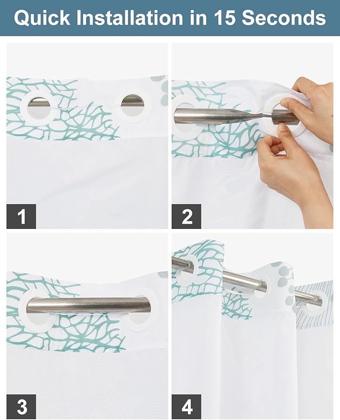 No Hook Shower Curtain with Snap in Liner Set - Sea Seashells, Starfish & Coral Print Shower Curtains for Coastal Nautical Ocean Bathroom, Waterproof Bath Curtain with Mesh Top, 71x74 Inch