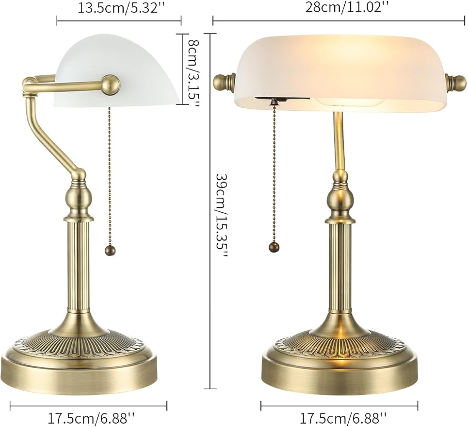 Traditional Glass Bankers Desk Lamp with Pull Chain Switch Plug in Fixture