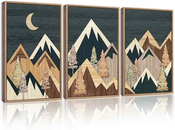 KUVIOKE Morden Mountains Framed Wall Art Boho Pine Tree Forest Nature Landscape Artwork Bohemain Farmhouse Rustic Bedroom Decor 16x24in (Natural Framed)