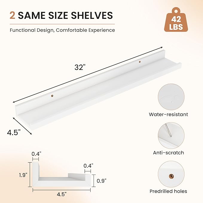 Dreamland Picture Ledge Shelf for Wall, Floating Shelves Set of 2, 32 Inch Long Floating Shelves with Lip for Living Room, Bedroom, Bathroom, Kitchen, White