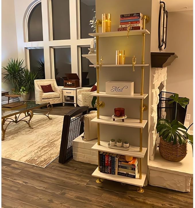 ZIOTHUM 6 Tier Gold Bookshelf, White and Gold Shelves, Modern Shelves Shelf Bookcase Metal Mid Century Open Industrial Wall Mount Accents Decor Retail Shelving Vertical for Living Room