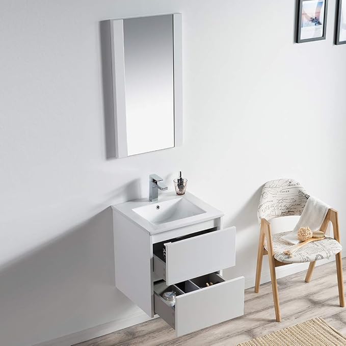 Blossom 20 Inches Single Bathroom Vanity with Ceramic Sink, All Wood Floating Vanity with Sink, Bathroom Cabinet with Soft Close Drawer, Modern Vanities with Storage, Glossy White
