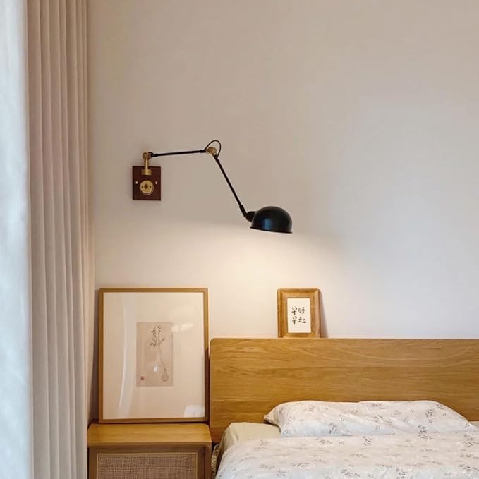 Retro Bedside Wall Lamp, E27 Swing Arm Wall Sconce Lighting Industrial Adjustable Antique Wooden Brass Wall Light Fixture, Metal Lampshade, for Bedroom Sofa