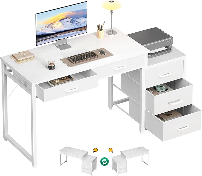 ODK Computer Desk with 5 Drawers, 53 Inch Office Desk with Printer Shelf, Reversible Vanity Desk for Home Bedroom, Writing Table Desk for Storage, White