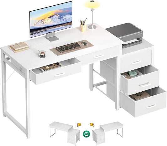 ODK Computer Desk with 5 Drawers, 53 Inch Office Desk with Printer Shelf, Reversible Vanity Desk for Home Bedroom, Writing Table Desk for Storage, White
