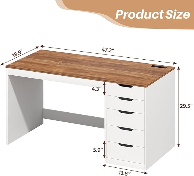 YOMILUVE 47 Inch Computer Desk with 5 Drawers and Power Outlets, Home Office Desks with Storage File Cabinet, Modern Simple Laptop Desk Writing Table for Small Spaces, Brown and White
