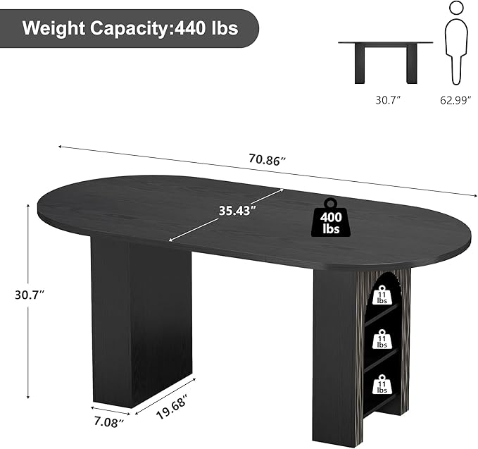 70.8" Oval Dining Table with Dual Side Storage Shelves, Wooden Table for 4–6 People, Modern Farmhouse Round Dinner Table for Kitchen, Reception, or Living Room (Black, Table Only)