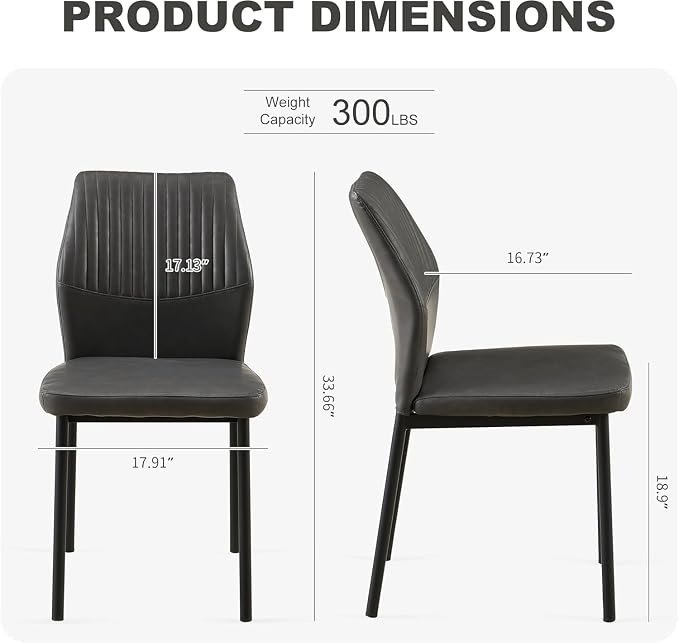 Dining Chairs Set of 2, PU Leather Dining Room Chairs, Comfortable Upholstered Kitchen Chair with Black Metal Legs for Living Room, Dining Room, Dark Grey