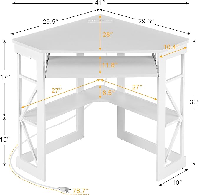 VECELO Corner Desk, Triangle Computer Desk for Small Space with Charging Station and Keyboard Tray, Corner Makeup Table with Storage Shelves for Home Office Bedroom, 41x30, White