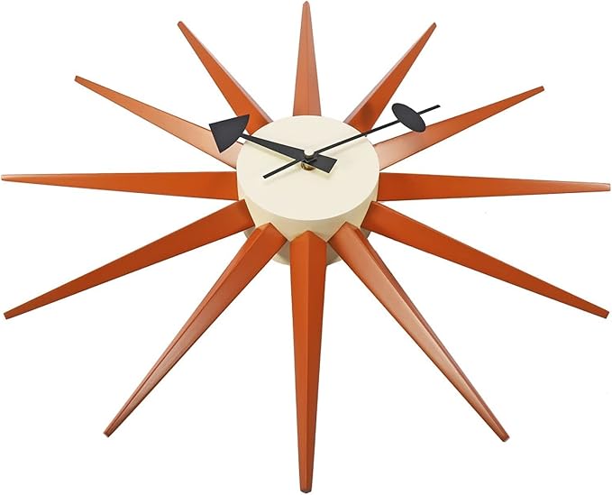 SHISEDECO Modern Sunburst Clock in Orange Color, Non Ticking Wooden Mid Century Retro Design Decorative Silent Wall Quartz Clocks for Home, Kitchen, Living Room, Office and Bedroom etc.