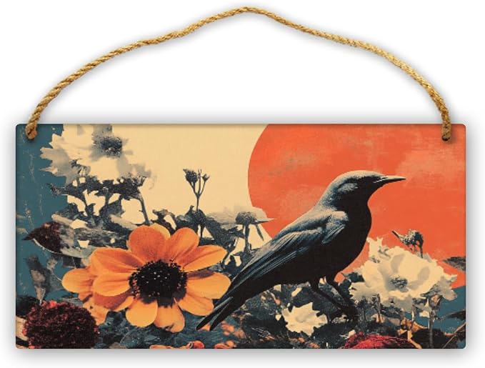 Retro Black Bird & Red-White Flowers Art Wooden Sign 12x6 Inch - Eclectic Living Room Decor for Vintage Fans - Ideal Gift for Unique Interior Collectors