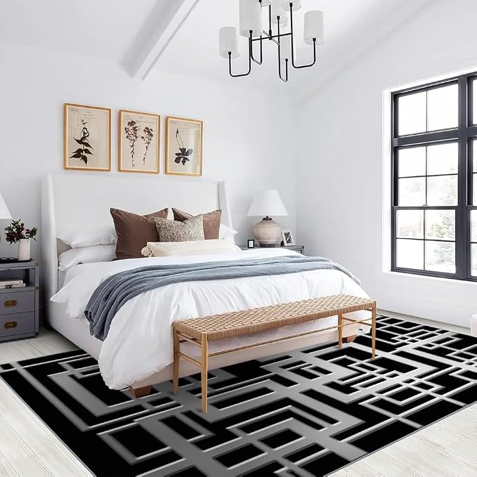 Minimalist Geometric Area Rugs, Grey Black Abstract Carpet, Washable Non Slip Low Pile Soft Rug for Living Room Bedroom Decor Mat 6x8ft