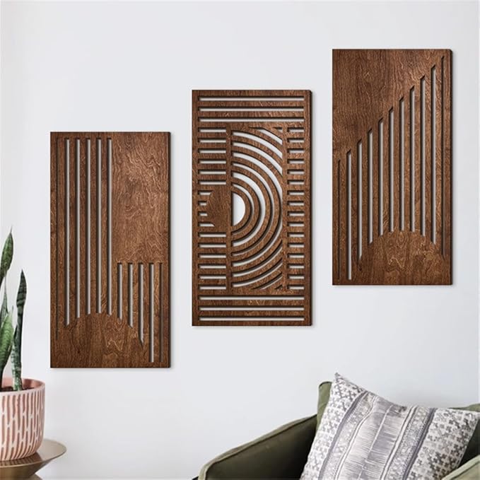 3 Pcs Geometric Wood Wall Art Decor, Wooden Minimalist Wall Hanging Decor, 3D Hollow Carved Craft Art Set, Boho Abstract Wall Sculptures Panels Decoration for Home Living Room Bedroom Kitchen (B)