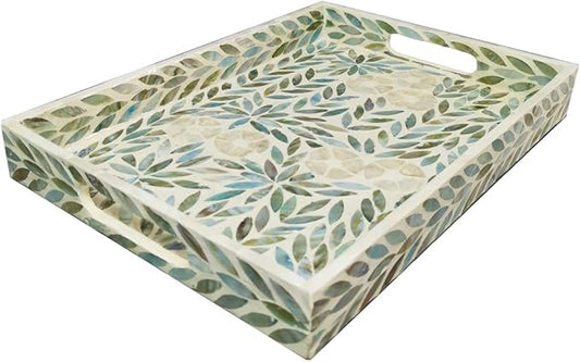 I-LAN Creative Rectangular Mother of Pearl Shell Severing Tray Lacquer Wooden Decorative Tray Handmade Shell Serving Tray with Handles and 2 Inch Wall, 18”Large Green Inlay Nacre Ottoman Tray (45cm)