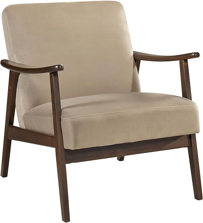 Lexicon Mid Century Modern Chair Velvet Accent Chair for Living Room Chair w/Solid Wood Armrests and Legs, Cushioned Seat and Backrest, Reading Chair and Lounge Chair for Bedrooms/Studios, Brown
