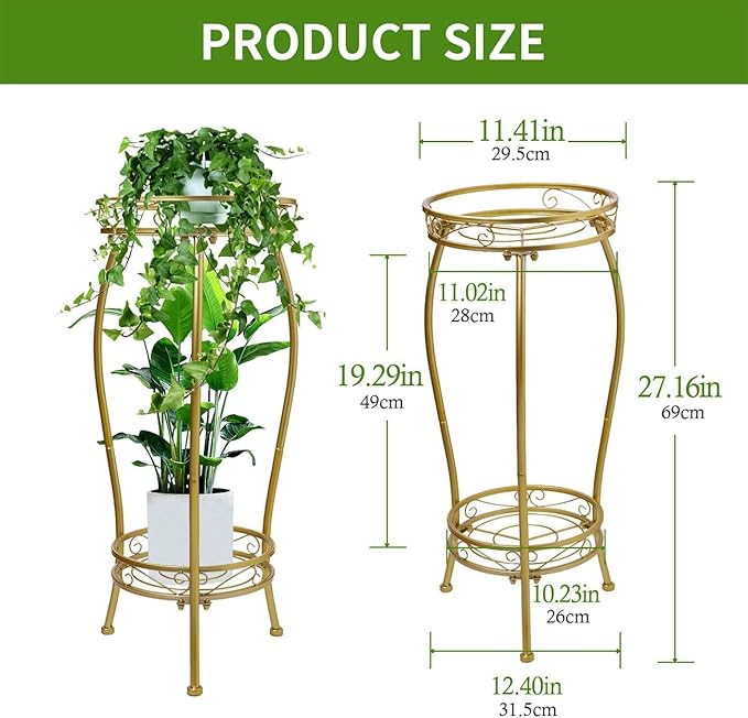 LOYAL TIGER Plant Stand Indoor Outdoor 2 Tier 27'' Tall Metal Potted Rack Flower Pot Stand Heavy Duty Rustproof Iron Multiple Plant Supports for Garden Balcony Patio (Golden)