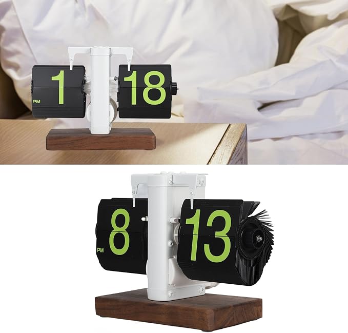 FOSA Flip Desk Clock, Retro Vintage Flip Desk Table Clock, Digital Clock Sided Large Numbers Mechanical Flip Clock Wood Base for Living Room, Study Room and Office（Frosted White）