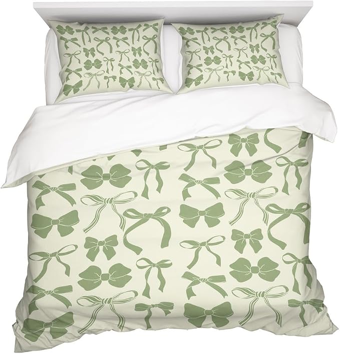 Sage Green Trendy Bow Duvet Cover Twin Size Preppy Bedding Set Bowknot Bed Cover,Dreamy Princess Style Kids Girls Super Soft Bedding Set for Teens Funky Coquette Girly Room Decor 68"x88"