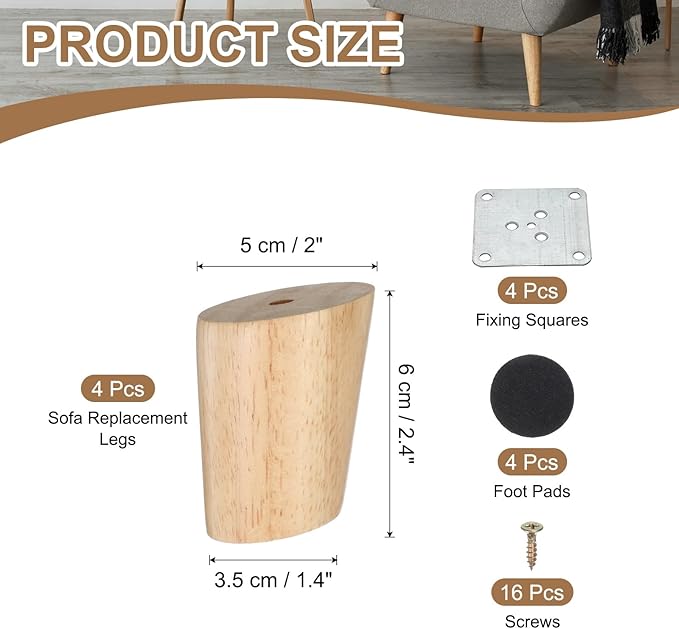 PATIKIL Wood Furniture Legs, 4Pcs 2.4" Tapered Replacement Sofa Leg for Chair Couch Bed Coffee Table Dresser, Wood Color