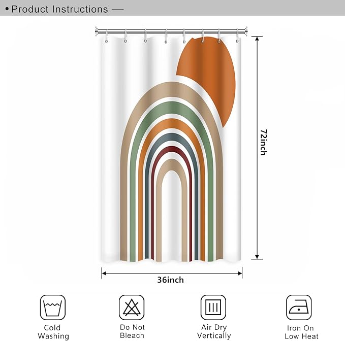 Mid Century Bohemian Shower Curtain - Colorful Stripes Arch Orange Sun Boho Design With Hooks, Waterproof Fabric Polyester, Aesthetics Home Decor, 36x72 Inch