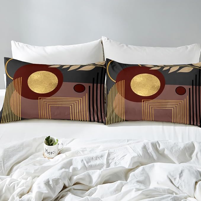 Erosebridal Boho Mid Century Duvet Cover King Size Dark Brown Neutral Modern Comforter Cover Geometric Abstract Bedding Set Minimalist Aesthetic Bed Set