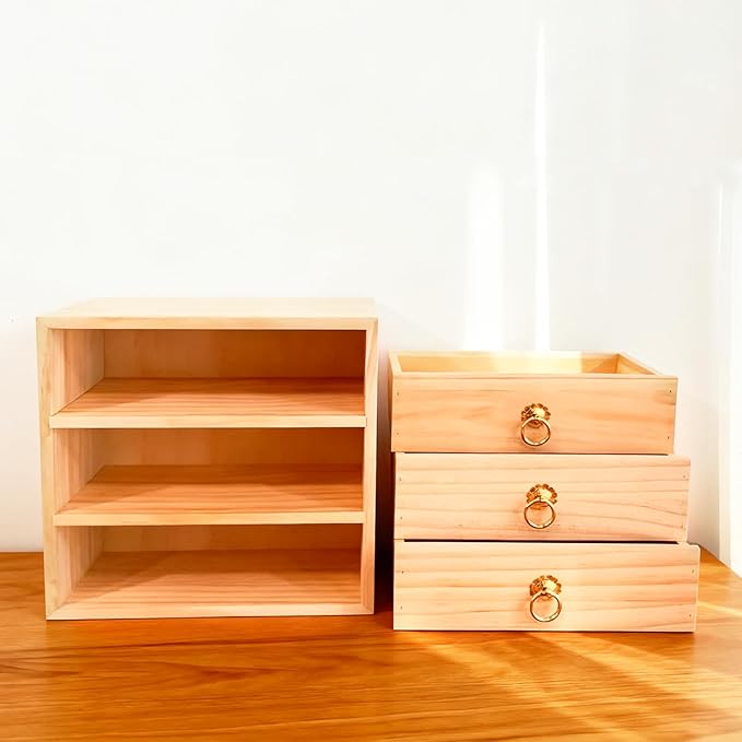 3 Layer Natural Wooden Storage Box with Drawers Desk Organizer Desk Accessories 3 Drawer Storage Organizer Wood Tabletop Organizer with Metal Handle for Home Office Counter Craft Decor