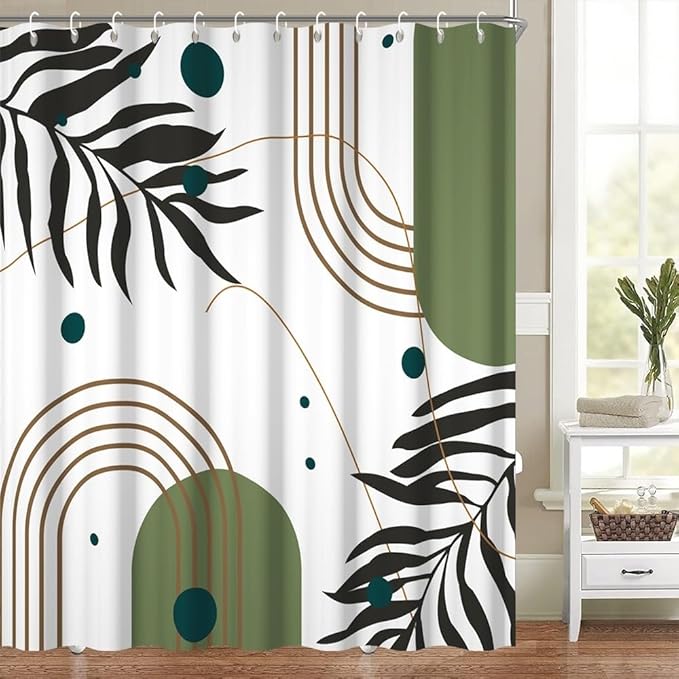 Mid Century Boho Shower Curtain for Bathroom Modern Minimalist Neutral Bathroom Decor Abstract Green Leaf Arch Sun Aesthetic Bath Curtains Washable Waterproof Polyester Fabric with Hooks 69x75 Inch