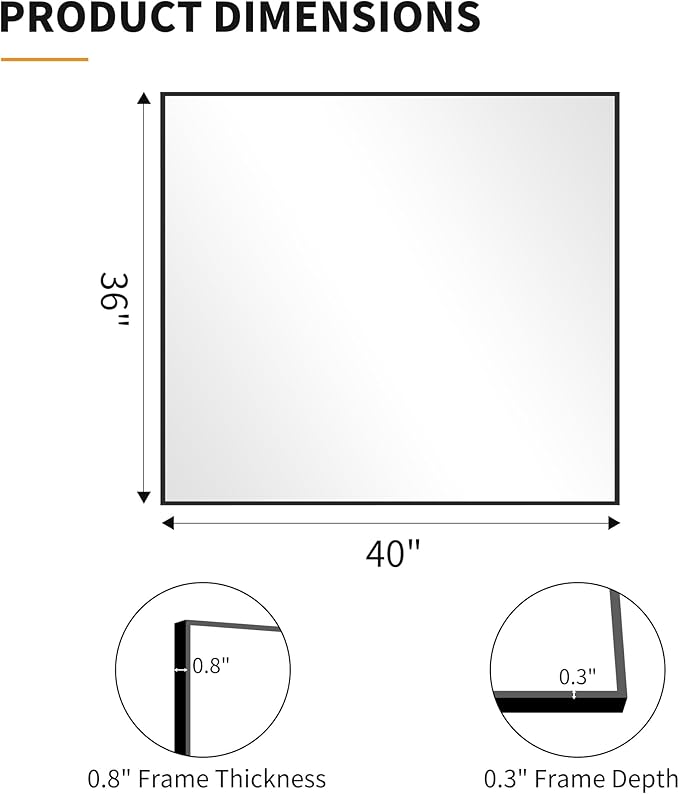KOCUUY Bathroom Mirror 36"x40", Black Bathroom Mirrors for Over Sink, Shatterpoof Large Vanity Mirror, Metal Framed Black Wall Mirror for Bedroom Living Room and Entryway (Horizontal/Vertical)