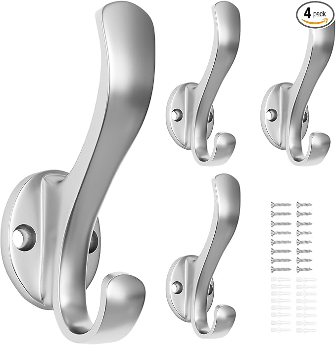 Coat Hooks Heavy Duty - Easy to Install Metal Towel Hooks Fashionable Wall Hooks for Hanging Hat, Towel, Key, Robe, Scarf, Bag, Cap (4 PCS Silver)