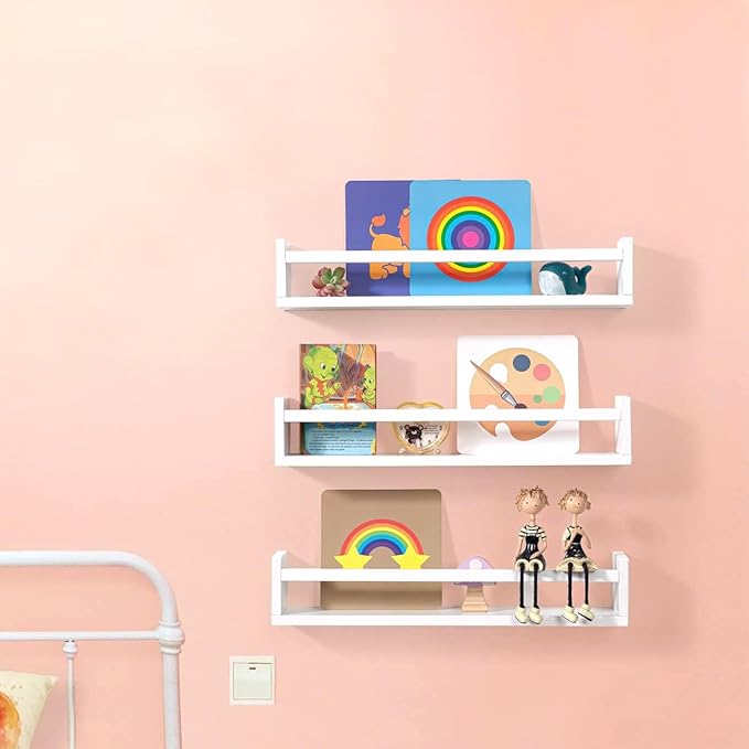 AZSKY Nursery Bookshelves White, 24 Inch Floating Bookshelves for Wall Set of 3, Baby Kids Room Decor, Solid Wood Wall Mounted Shelves for Books Storage