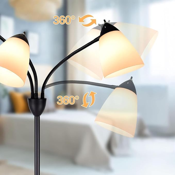 FIRVRE Modern Reading Floor Lamp, 3-Light Floor Lamp Black with Reading Lamp, Adjustable Flexible Tree Standing Lamp for Bedroom Study Room Office, Modern Multi Head Reading Floor Lights, E26 Base