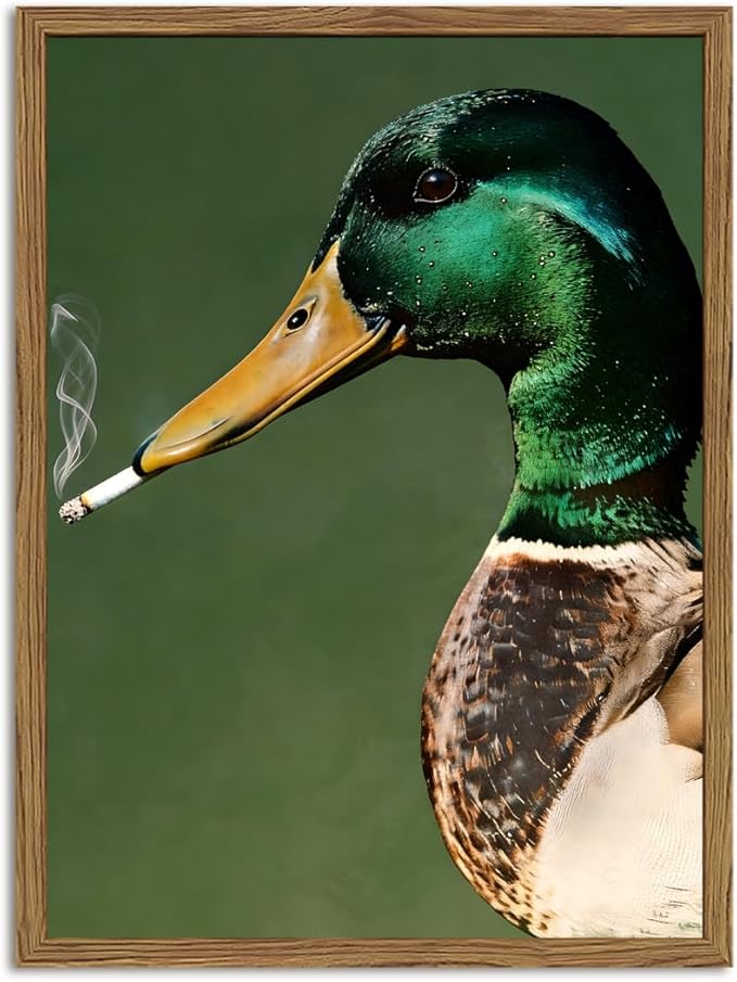 Funny Mallard Duck Wall Art Vintage Cottagecore Duck Wall Decor Painting, Whimsical Animal Poster Canvas Print Picture for Living Room Bedroom 16x24 inch Wood Framed