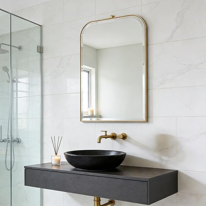 POZINO Brushed Gold Arched Mirror, 22"x35" Brass Vanity Oblong Mirror for Over Sink, Stainless Steel Frame Rounded Rectangle Mirrors for Bathroom Bedroom Living Room Entryway Hallway
