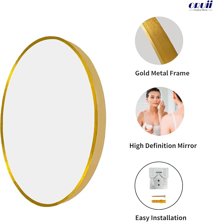 Oruii Gold Round Mirror 30 inch, Large Golden Circle Mirror Metal Frame, Large Brass Circular Mirrors for Living Room, Dining Room, Entryway, Hallway, Foyer, Bathroom, Wall