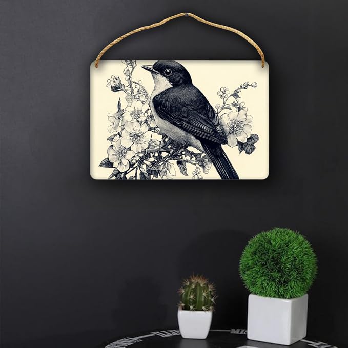 Retro Illustration wooden Bird & Floral Masterpiece Sign, 12x8 Inch Wall Decors for Collectors, Nostalgic Studio Accident, Unique Show & anniversary for Vintage Fans