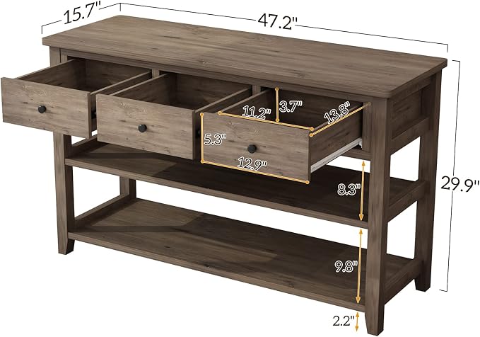 Karl home Console Table with 3 Drawers, 47" Farmhouse Wash Grey Entryway Sofa Table with Silent Slide Rails & Anti-Fall Guardrails for Hallway, Living Room, Foyer, Office