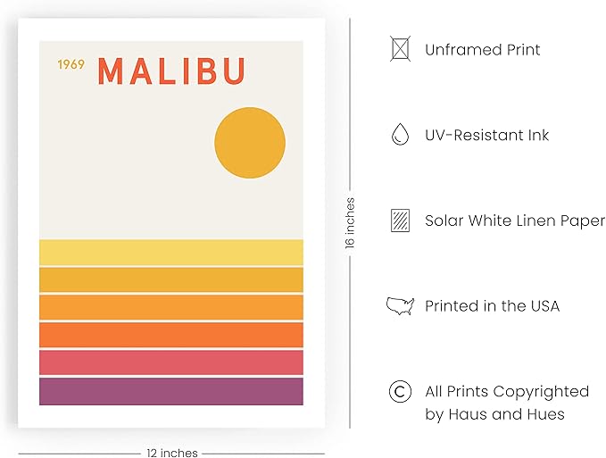 HAUS AND HUES Retro Malibu Travel Poster – Vintage California Beach Art, 1960s Aesthetic Decor, Yellow Print (Unframed, 12x16)