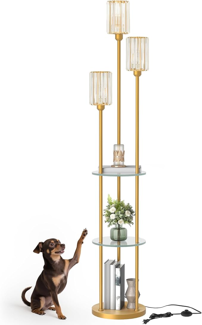 Gold Floor Lamp with Shelves, Modern Floor Lamp with 3 Crystal Shades and Foot Switch, 3-Light Standing Lamp with 3 Shelves, for Living Room, Bedroom, Study, Office, Gold D53LD05