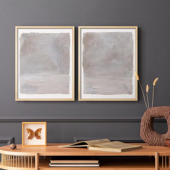 Renditions Gallery Set of 2 Peel & Stick Framed Prints, Watercolor Abstract Wall Art, Neutral Tones Textured Brushstrokes Wall Decor, Re-Stickable - Ready to Hang - 16"x20" - NATURAL WOOD Frame LT588