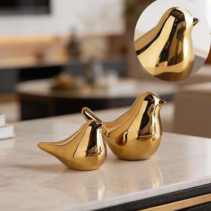 statueBird Statues, Modern Home Decor, Suitable for desks, Bookshelves, bedrooms, Living Rooms, cabinets, and Fireplace Mantel Decorations. Ceramic Animal Statues. (Gold)