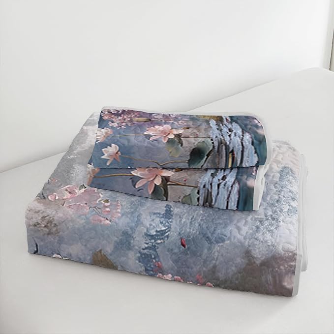 AILONEN Full Quilted Comforter 3-Piece Set, Monet Style Floral Bedspread Coverlet with 2 Pillowcases, Soft Romantic Impressionism Bedding for Teens Guest Room Purple Grey Oil Painting