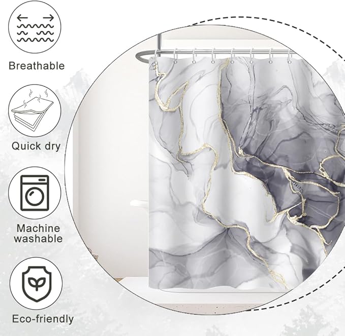 Grey Shower Curtain, Ombre Light Grey Marble Shower Curtain Set Modern Aesthetic Gray Ink Texture Waterproof Bathroom Curtain with Hooks, 60x72 Inch