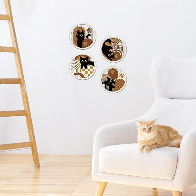 TOARTi 4PCS Boho Black Cat Wall Art Set, Minimalist Geometric Wooden Wall Decor,Abstract Bohemian Black Cats Hanging Sign, Farmhouse Cute Kitty Artwork for Bedroom Living Room Nursery Cat Lovers Gifts