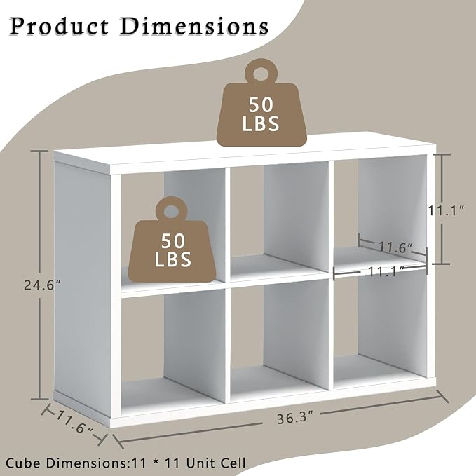 Endearing Limons【2026 Wooden Thick Border 6 Cube Shelf Storage Organizer with Anti-Tipping Kits + Reversible Open Back Bookcase (11 * 11 Unit Cell White)